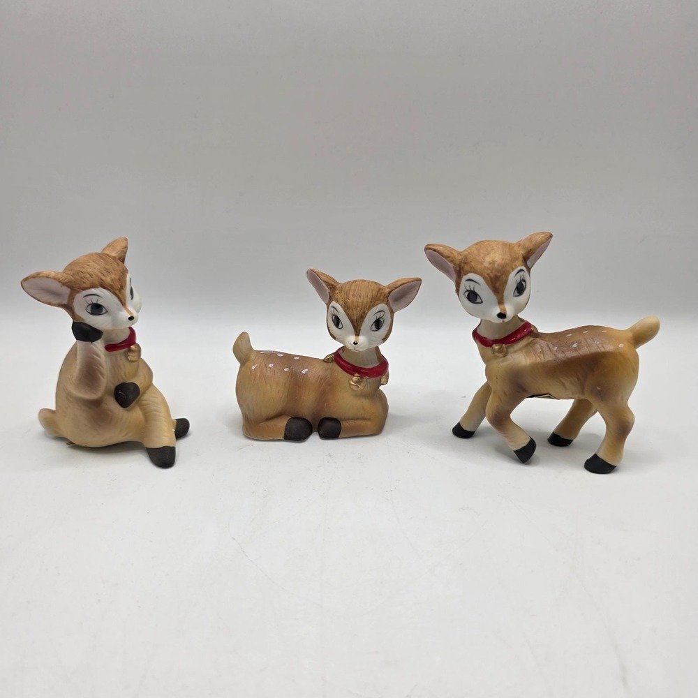 Homco Ceramic Deer Figurine Set Vintage Fawn Deer Christmas Kitsch Woodland MCM